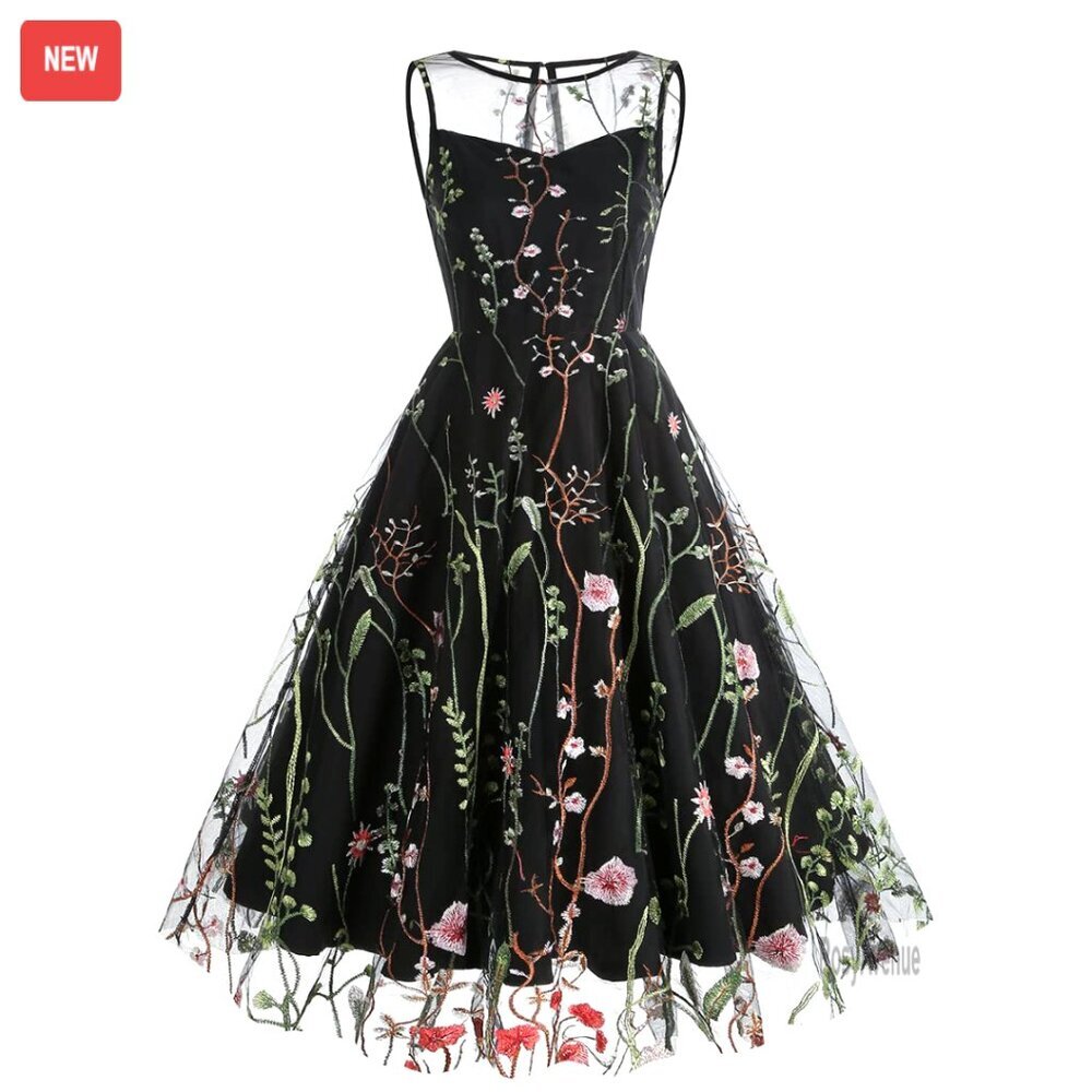 Vintage Keyhole Floral Embroidery Mesh Swing Dress Sizes S-2XL